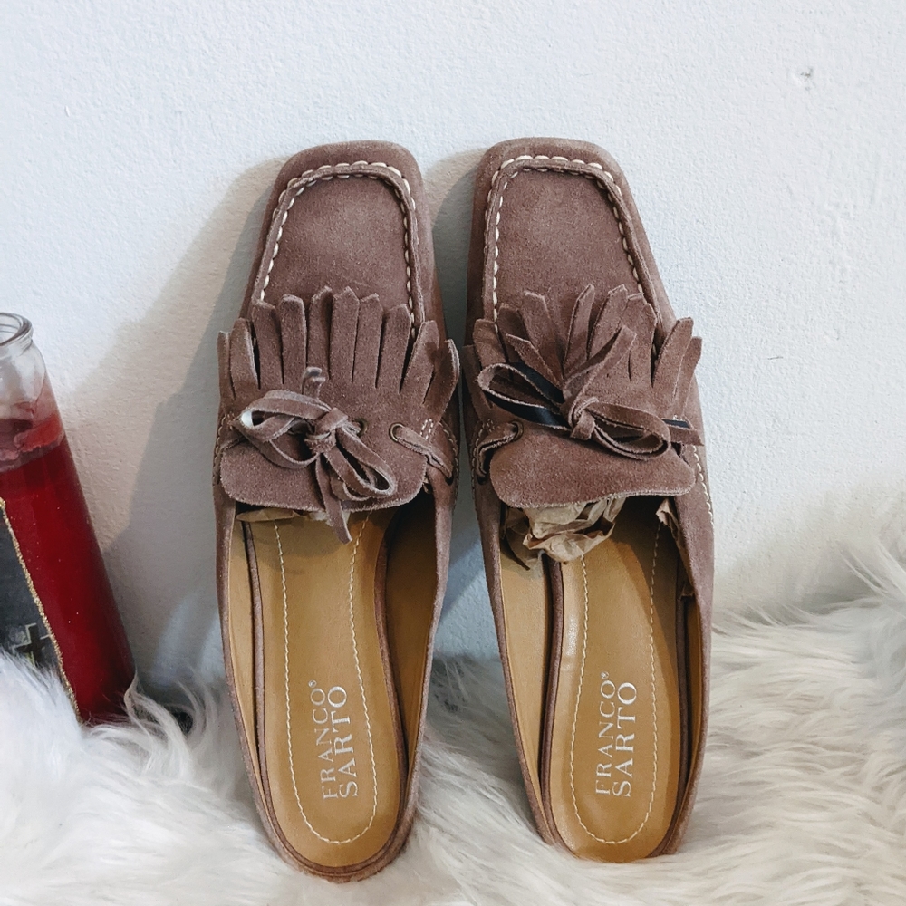 Franco Sarto Dusty Lilac Suede Fringe Kitten Heel Mules 8 - Picture 4 of 7